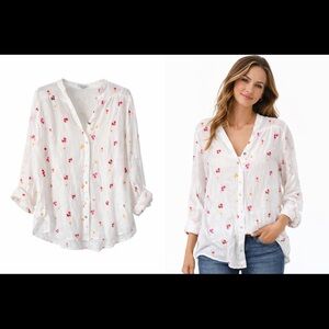 Rose & Everly White Floral Embroidered Button Up Blouse Large NWT
